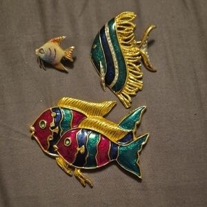 Lot Of 3 Gold Tone Fish Broohes